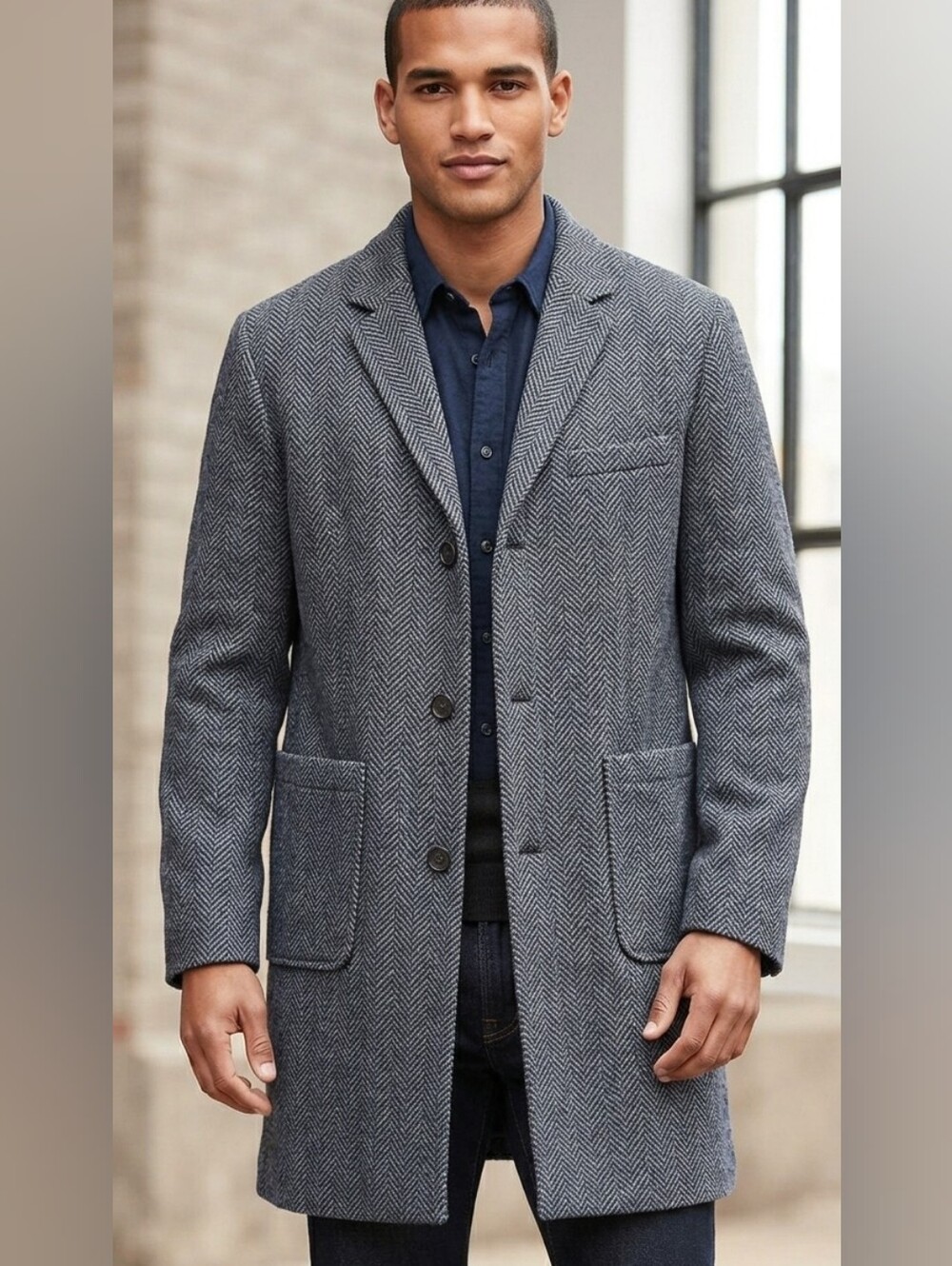 NWOT Old Navy Men's Navy Herringbone Trench Coat Recycled Polyester XL